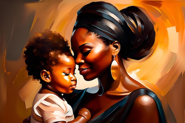 Madre afro che abbraccia sua figlia in stile pittura ad olio