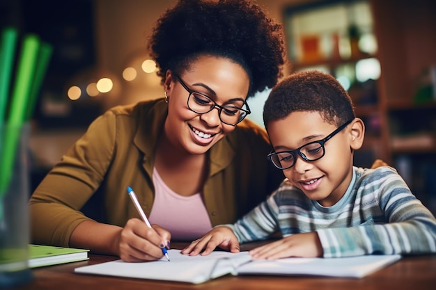 Madre afroamericana che aiuta il figlio con i compiti a casa Concetto di educazione a casa Scrivono le soluzioni dei compiti nel suo quaderno Format foto 32