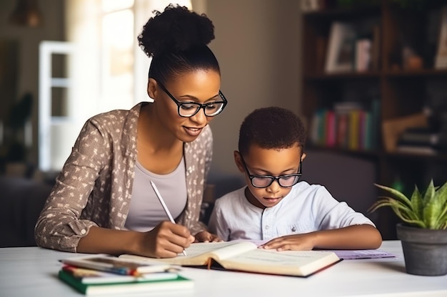 Madre afroamericana che aiuta il figlio con i compiti a casa Concetto di educazione a casa Scrivono le soluzioni dei compiti nel suo quaderno