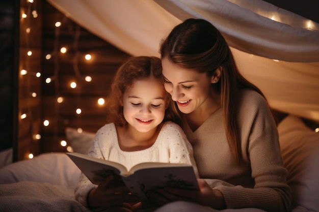 madre caucasica che legge un libro a sua figlia prima di andare a letto