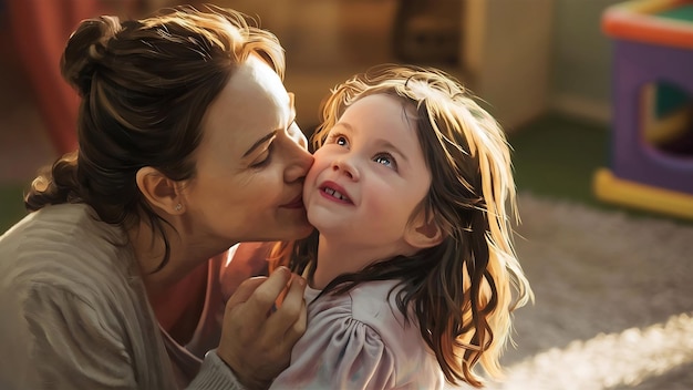 Madre che bacia la ragazza sulla guancia