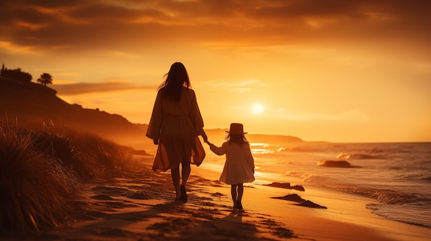 Madre che cammina con suo figlio lungo un parco sulla spiaggia al tramonto