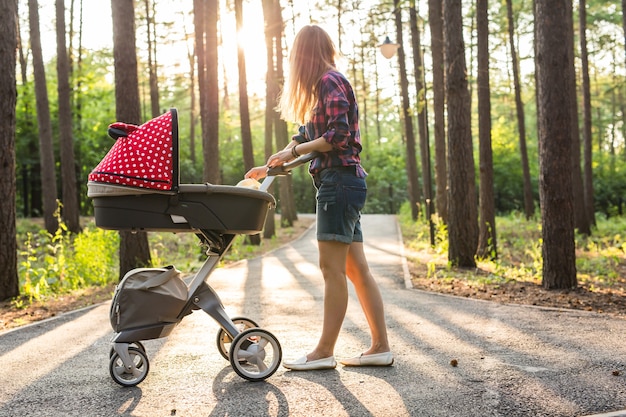 Madre che cammina mentre spinge un passeggino nel parco.