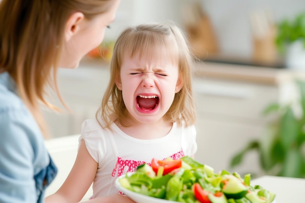 Madre che convince una ragazza che piange a mangiare un'insalata di verdure sana in cucina