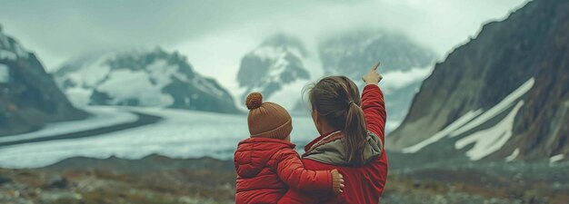 Madre che fa un cenno a sua figlia e indica i ghiacciai e le montagne