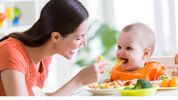 Madre che nutre il bambino a un tavolo da pranzo di verdure