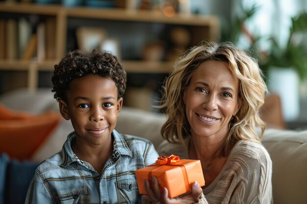 Madre che riceve un regalo da suo figlio per la Giornata delle Madri