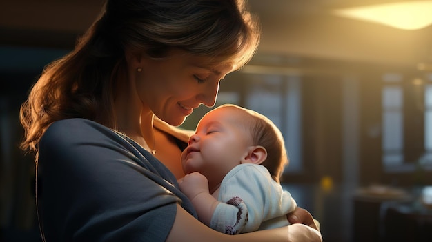 Madre che tiene in braccio il suo bambino appena nato con amore per la famiglia