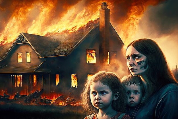 Madre con bambini feriti durante un incendio in una casa in fiamme