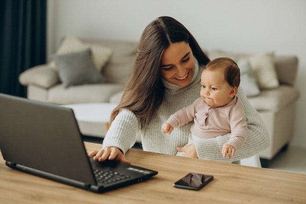 Madre con figlia che lavora al computer da casa