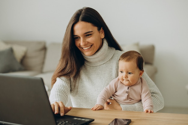 Madre con figlia che lavora al computer da casa