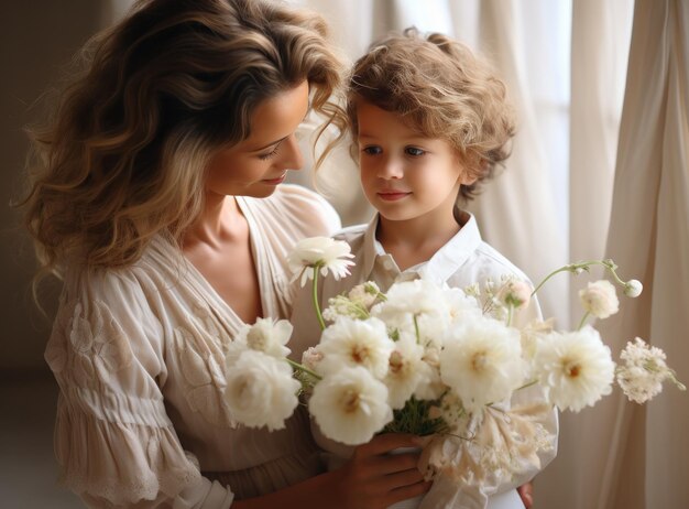 Madre con figlio con fiori