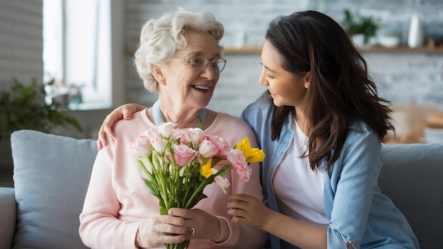 Madre con fiori da parte di figlia