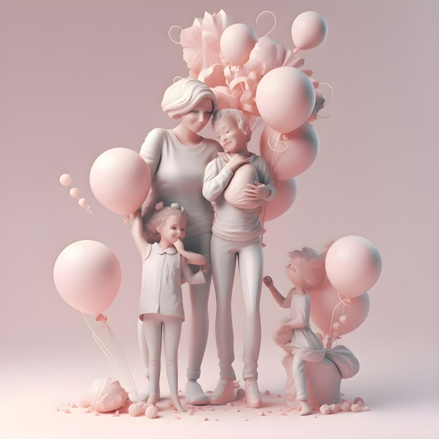 Madre con i suoi figli e palloncini su uno sfondo rosa rendering 3d