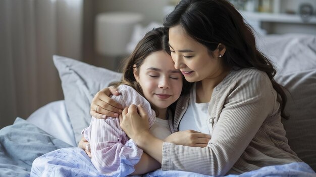 Madre con la figlia malata in una camera da letto