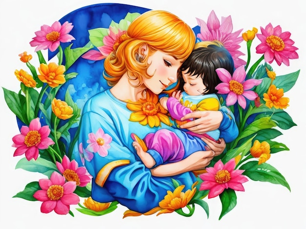Madre con un bambino in braccio dipinto con vernici multicolori su sfondo bianco ai generativo
