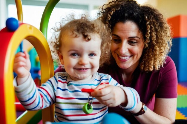 Madre dai capelli ricci sorridendo al bambino che gioca con le chiavi dei giocattoli in palestra