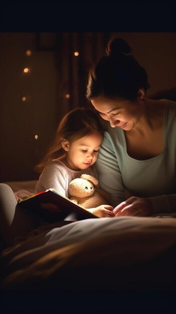 Madre e bambina con intelligenza artificiale generativa che leggono un libro a letto prima di andare a dormire