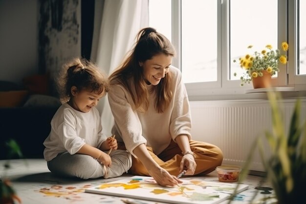 Madre e bambino a casa mentre il bambino dipinge felice