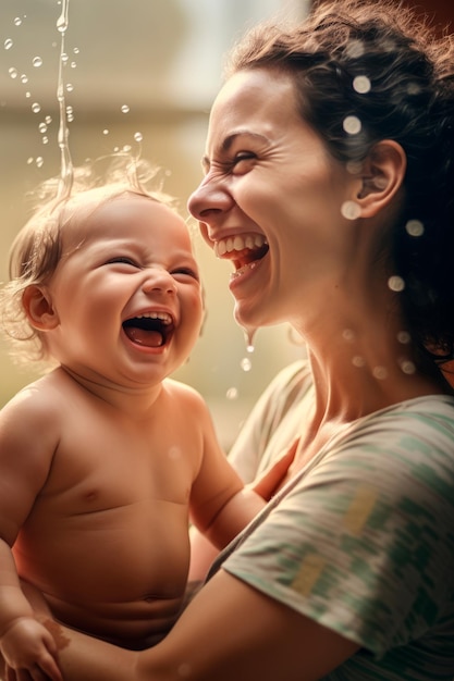 madre e bambino al momento del bagno interazione giocosa sorrisi e risate