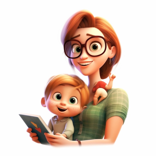 Madre e bambino del fumetto che leggono un libro insieme ai generativa