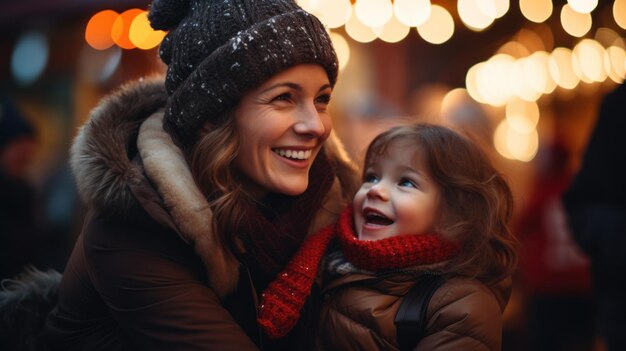 Madre e bambino si divertono meravigliosamente al tradizionale mercatino di Natale la sera d'inverno