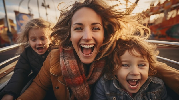 Madre e due bambini vanno sulle montagne russe in un parco divertimenti o in una fiera statale. Prova l'eccitazione, la felicità, le risate