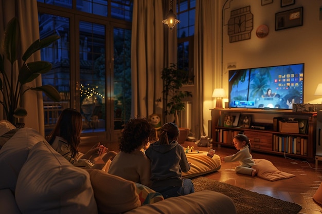 Madre e figli che fanno una serata di giochi in famiglia