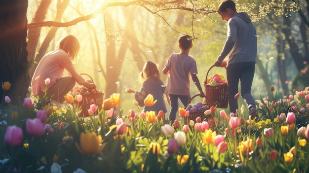 Madre e figli che raccolgono felicemente le uova di Pasqua in un campo di fiori