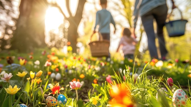 Madre e figli che raccolgono felicemente le uova di Pasqua in un campo di fiori