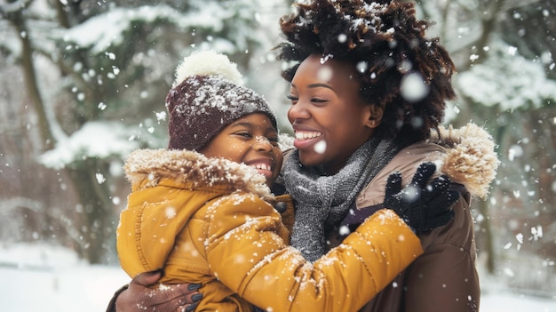 Madre e figlia africane che si divertono insieme durante l'inverno all'aperto