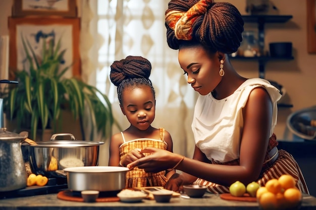 Madre e figlia afroamericane che cuociono in cucina