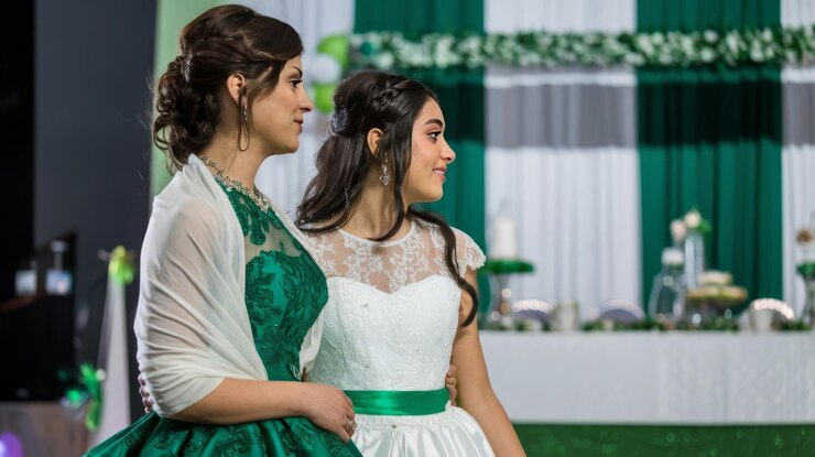 Foto madre e figlia alla festa di quinceanera vista laterale