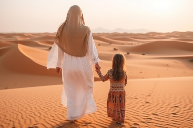 Madre e figlia camminano insieme nel deserto IA generativa