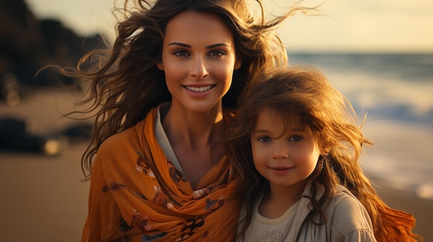 Madre e figlia che camminano sulla spiaggia al tramonto Concepto di famiglia amichevole ai generativi