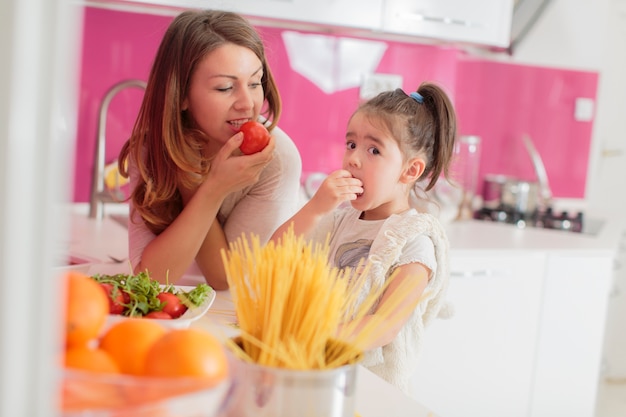 Madre e figlia che cucinano in cucina