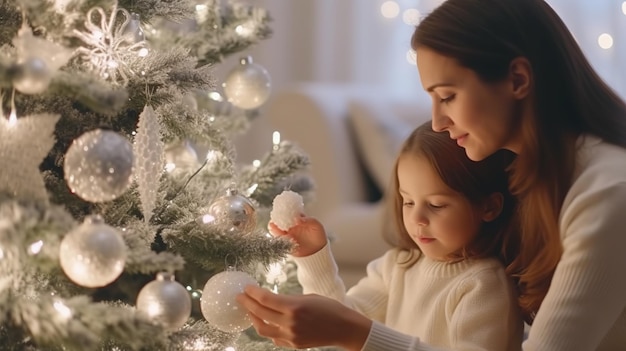 Madre e figlia che decorano l'albero di Natale in paramas a casa