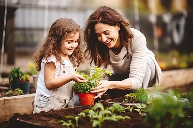 Madre e figlia che fanno giardinaggio insieme amano la natura