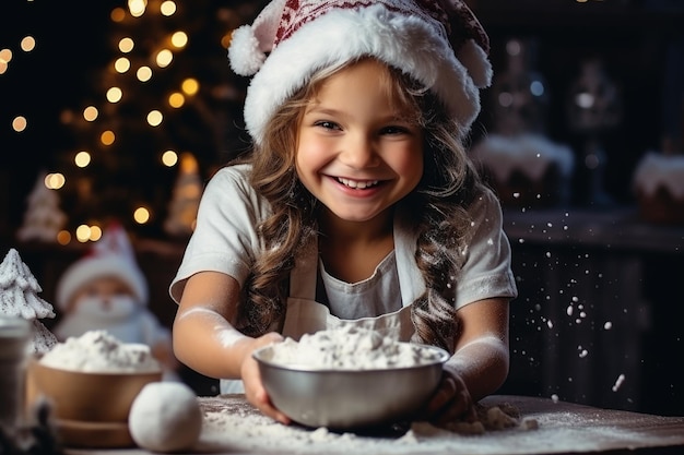 madre e figlia che ridono felici cucinando e decorando biscotti di Natale albero di Natale sfocato b