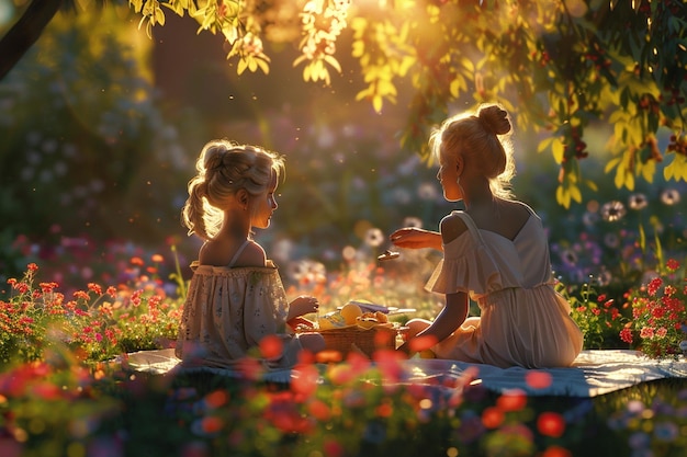 Madre e figlia che si godono un picnic in un fiore