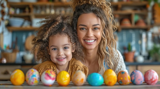 Madre e figlia dipingono uova famiglia felice che si prepara per la Pasqua