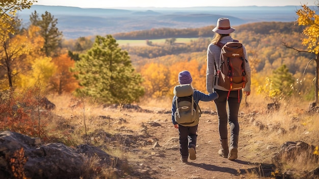 Madre e figlia fanno un'escursione in montagna in autunnoCreato con la tecnologia Generative AI