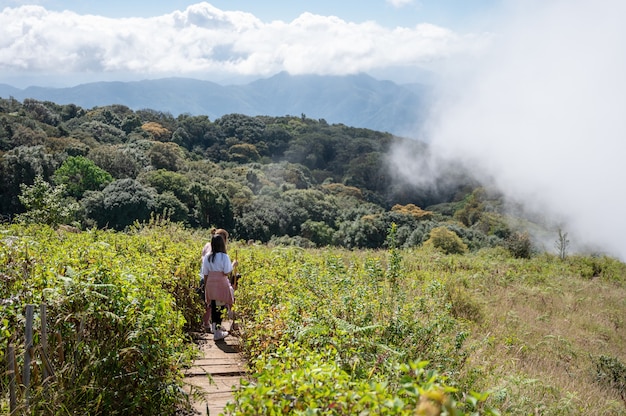 Madre e figlia fanno un'escursione in montagna in una giornata nebbiosa al Kew Mae Pan Nature Trail è un paradiso terrestre nel Parco Nazionale di Doi Inthanon, in Thailandia.