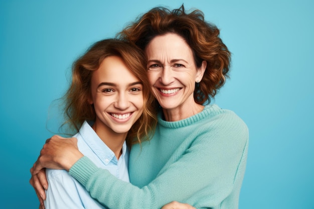 Madre e figlia felici che si abbracciano sullo sfondo blu