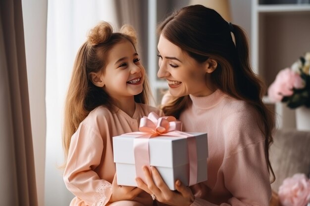 madre e figlia felici che tengono il contenitore di regalo e si guardano a casa