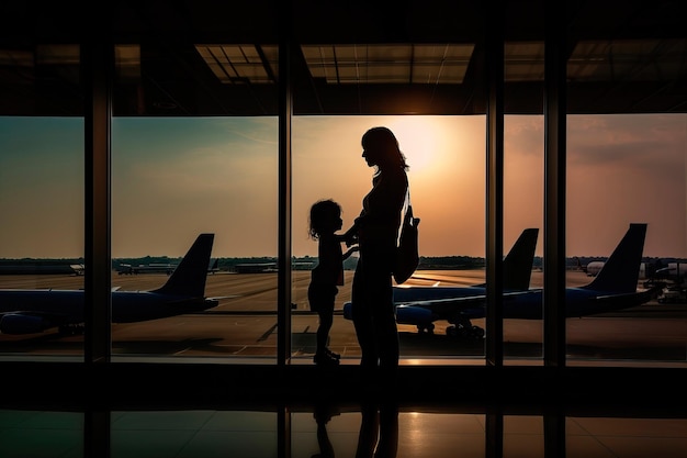 Madre e figlia in aeroporto Madre e figlia guardano fuori dalla finestra dell'aeroporto