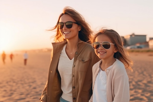 Madre e figlia in occhiali da sole godendosi la passeggiata lungo la spiaggia al tramonto