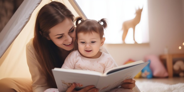 Madre e figlia leggono il libro nella sala giochi insieme