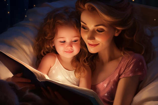 Madre e figlia leggono un libro a letto sotto una luce calda