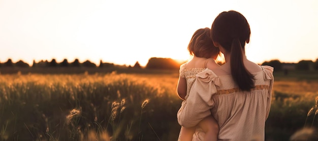 Madre e figlia nel campo di grano al tramonto della festa della mamma